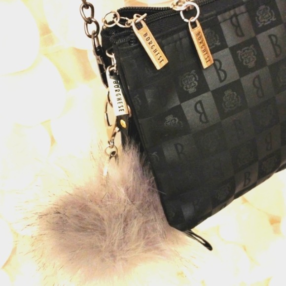 BORGHESE ROMA Crossbody Satin GEO w Shoulder Strap Chain & Faux Fur Pom Charm - Picture 13 of 14